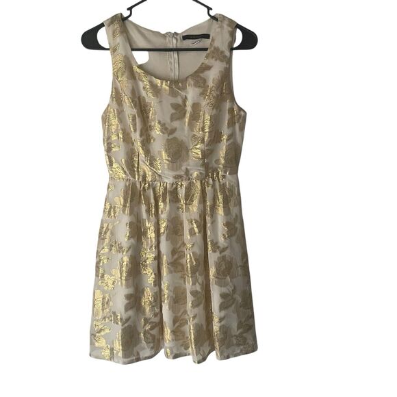 Huesday‎ Size Small Gold Foil Metallic Silk Floral Special Occasion Mini Dress - Picture 1 of 9